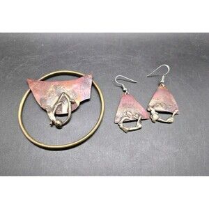Vintage Copper Metal Earring And Brooch Pin Jewelry Set Handmade Art  Soldered
